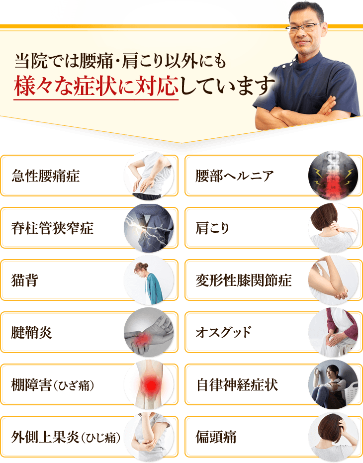 さいたま市にある当院では腰痛・肩こり以外にも様々な症状に対応しています